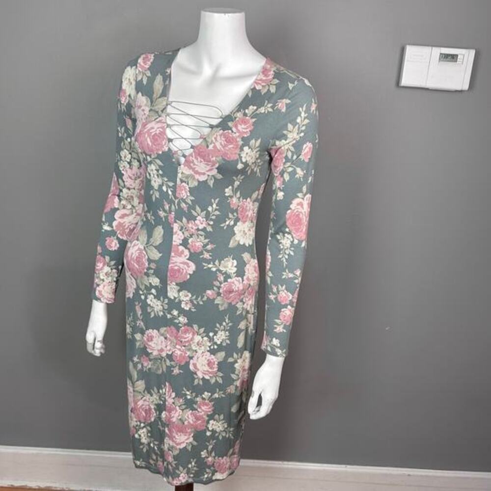 Forest Fairy dress small vtg floral sage green lace-up soft bodycon - Picture 7 of 9